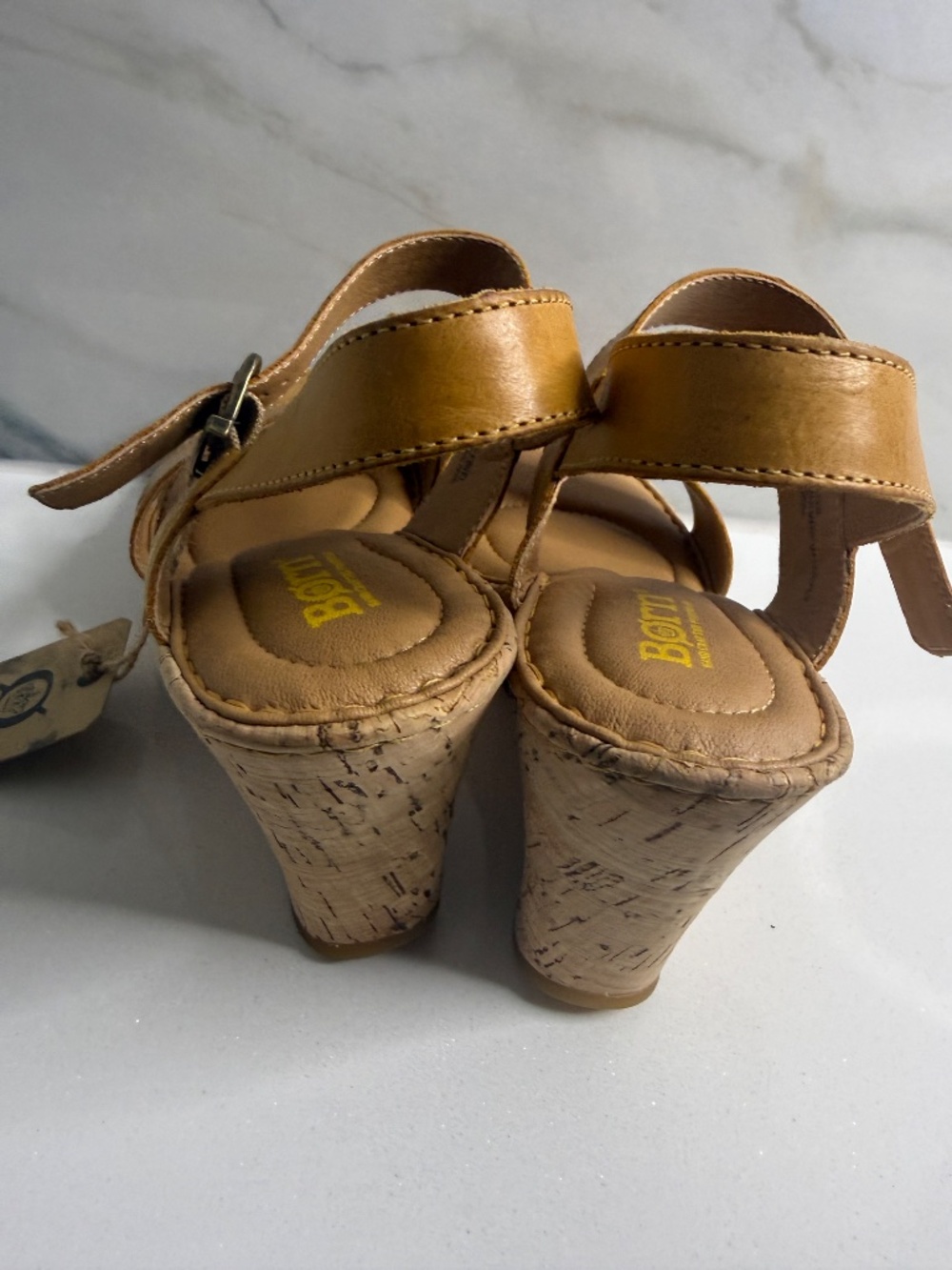 Børn Leather Cork Wedge Sandals Tan Ankle Strap Comfort Heels NWT Size 9 - Picture 4 of 16